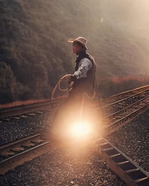 Image similar to justin sun tied with rope to train tracks, beautiful cinematic lighting, epic composition, train headlight