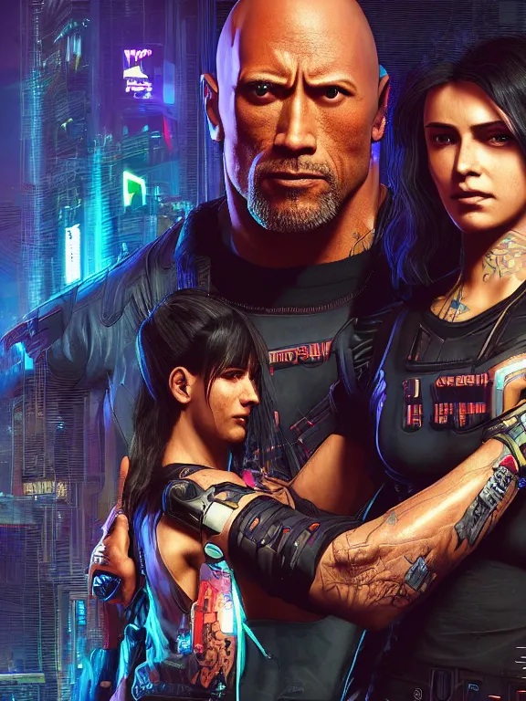 Prompt: a cyberpunk 2077 portrait of Dwayne Johnson holding a female android,love moive pose,complex mess of cables and wires behind them connected to giant computer,film lighting,by laurie greasley,Lawrence Alma-Tadema,William Morris,Dan Mumford, trending on atrstation,full of color,face enhance,sharp focus, highly detailed,8K, octane,golden ratio,cinematic lighting