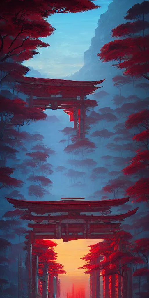 Image similar to the red torii gate!!! a highly detailed cinematic oil painting by roger dean and alena aenami, dynamic lighting