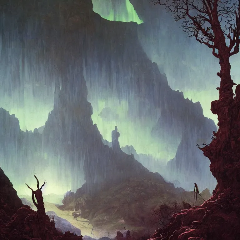 Image similar to a detailed landscape painting inspired by moebius and beksinski of a great forest with path and man with a cape over his head. fantasy poster. cinematic fantasy scene. aurora lighting. fantasy. carl spitzweg. baroque elements. baroque element. intricate artwork by caravaggio. oil painting. award winning. dramatic. trending on artstation. 8 k