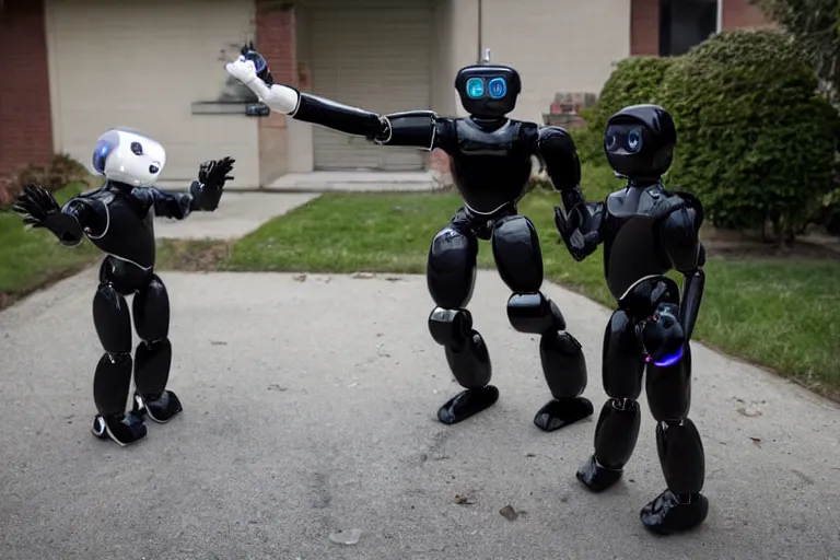 Prompt: photojournalism of sleek humanoid robot being hit with bats by two mean on a residential street