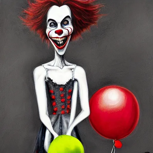 Image similar to grunge painting of david dobrik with a wide smile and a red balloon by chris leib, loony toons style, pennywise style, corpse bride style, horror theme, detailed, elegant, intricate