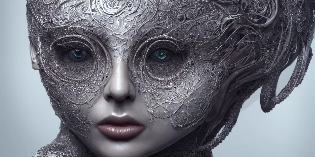 Image similar to hyper realistic photography of a beautiful cyborg female, intimately holding close, chrome finish intricate filigree, in the style of beth cavener, jin kagetsu, wlop, highly detailed, symmetry, masterpiece, concept art, ringflash, highkey lighting, ambient lighting, octane render, 8 k, artstation