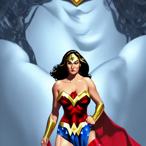 Prompt: Lynda Carter wonder woman, voluptious, busty, digital art, artstation , highly detailed , 4k , cinematic lighting