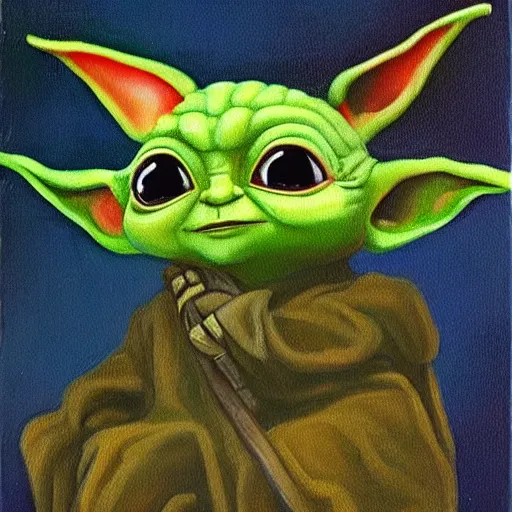 Image similar to painting of a cute baby yoda in the wilderness, in the style of a naturalist painter,