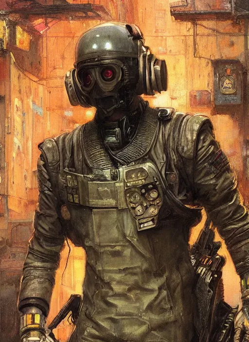 Image similar to dwight eisenhower. cyberpunk mercenary with tattoos wearing a military vest and combat jumpsuit. (Cyberpunk 2077, bladerunner 2049). Iranian orientalist portrait by john william waterhouse and Edwin Longsden Long and Theodore Ralli and Nasreddine Dinet, oil on canvas. Cinematic, hyper realism, realistic proportions, dramatic lighting, high detail 4k