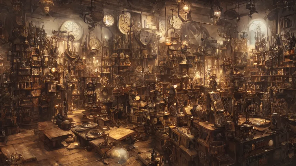 Image similar to A steampunk store, by Danar Worya and Greg Rutkowski, and artgerm, ultra detailed displays of weapons and clockwork machinations densely packed on shelves, volumetric lighting, 8k, unreal engine, trending on artstation