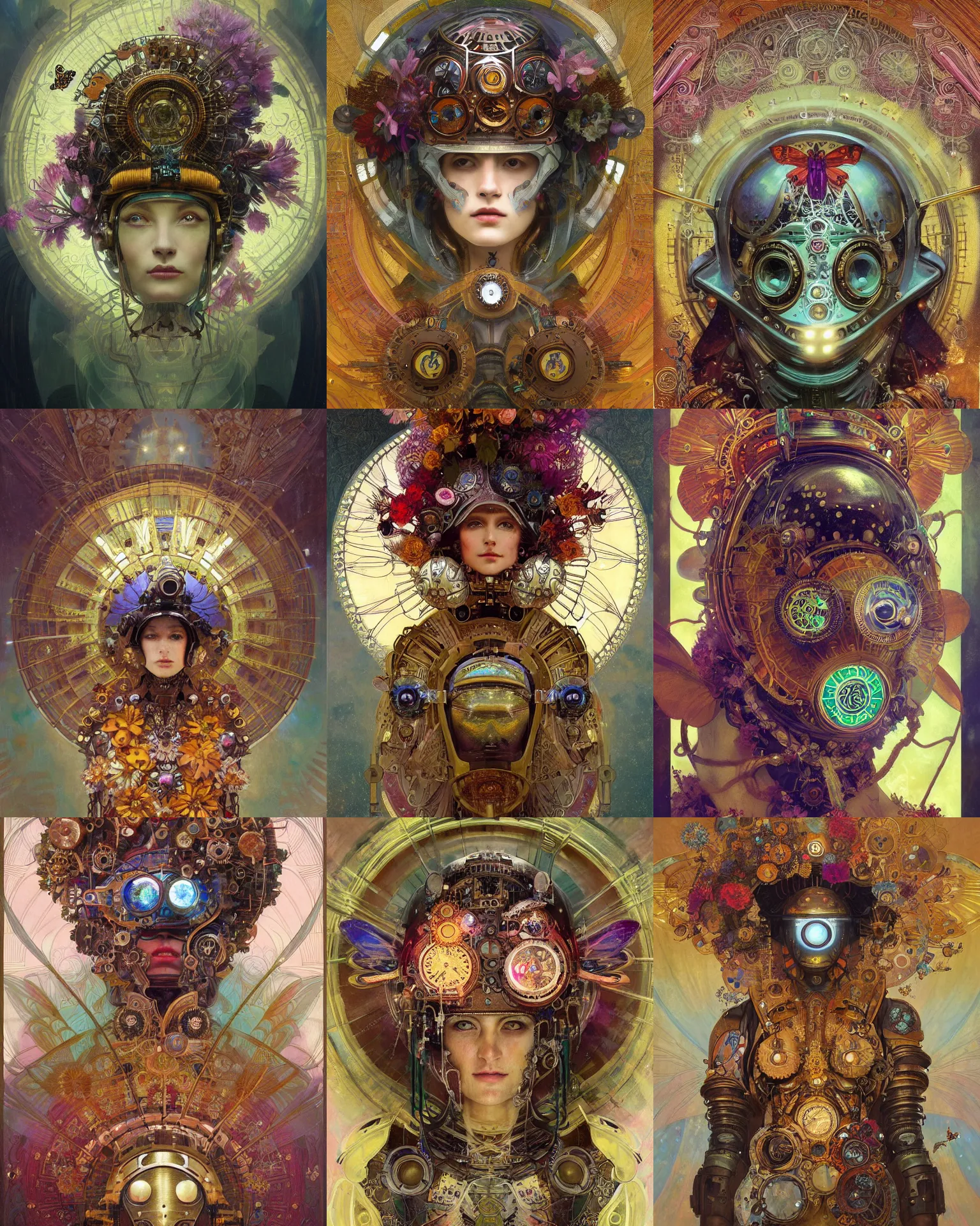Prompt: portrait of a divine helmet steampunk robot intricate clockwork dressed in mesmerizing robes and helmet, facemask, butterfly wings, runes, butterfly, mystical, ethereal, magical colorful flowers, painting by greg rutkowski and alphonse mucha