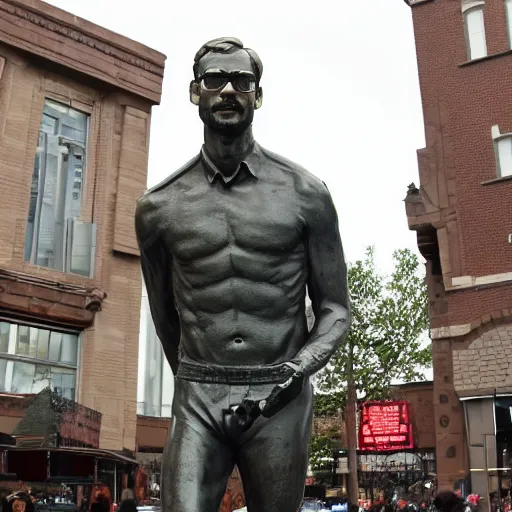 Prompt: a photo of a bronze statue of jeffrey dahmer in the middle of a busy town square,