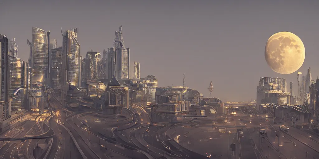 Image similar to cinematic shot of a cityscape futuristic saint petersburg city in the moon, russian orbit city, telephoto, golden mood, iconic scene from the paranoid thriller sci fi film directed by stanley kubrick, anamorphic cinematography, beautiful composition, color theory, leading lines, photorealistic, moody volumetric lighting