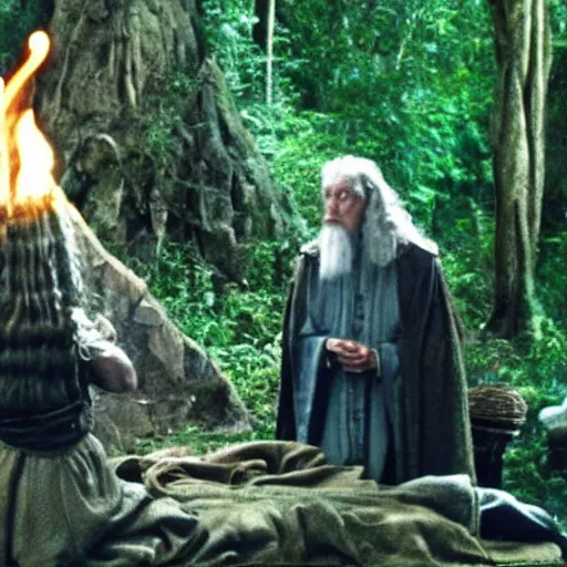 Image similar to gandalf doing a shamanic ritual with frodo in the movie lord of the rings, ayahuasca, dmt, magic mushroom