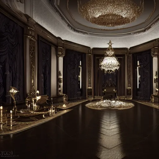 Prompt: luxurious winter palace interior, dark deco sci fi, 8k hd concept art, hyperrealistic, ultra detailed, cinematic, cinematic lighting, featured on artstation, octane render