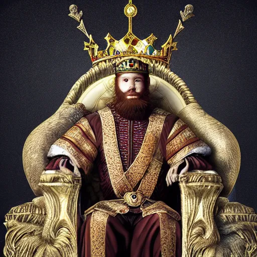 Image similar to Portrait of a king sitting on his throne, beard, crystal crown, digital art, realistic, artstation, detailed