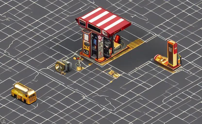 Image similar to isometric gas station in space, 8 k, steampunk, hard edges, zoomed in, very coherent, sharp focus, rim light, exquisite lighting, hard edges, sci - fi, print, cinematic, game art, soft painting, trending on artstation