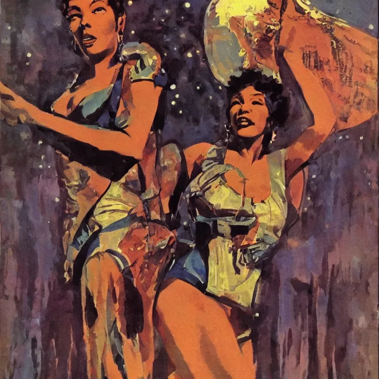 Image similar to scifi portrait of old blues singer by Robert McGinnis, pulp comic style, circa 1958, photorealism