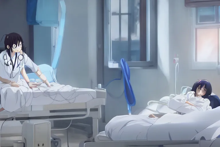Image similar to a cute and beautiful young female doctor wearing white coat are taking care of a patient on a bed in a hospital ward, slice of life anime, anime scenery by Makoto shinkai