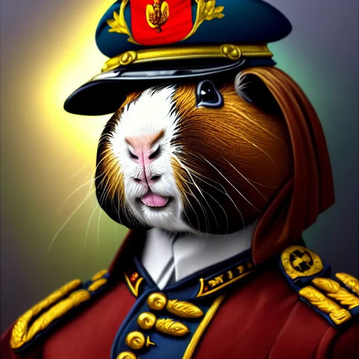 Image similar to guinea pig general wearing his uniform, looking proud as if he had won the battle. award winning, portrait bust, symmetry, faded colors, by larry elmore, masterpiece, trending on artstation, cinematic composition, beautiful lighting, hyper detailed!!!, 8 k, oil on canvas