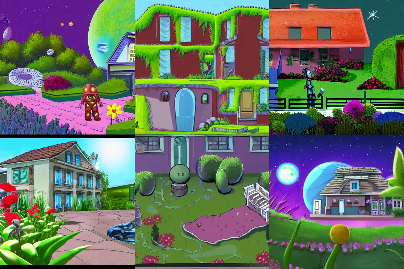 Prompt: in front of a strange looking house, in a small town on an alien planet, alien plants and flowers in a garden in front of the house, from a space themed Serria point and click 2D graphic adventure game, made in 2019, high quality graphics