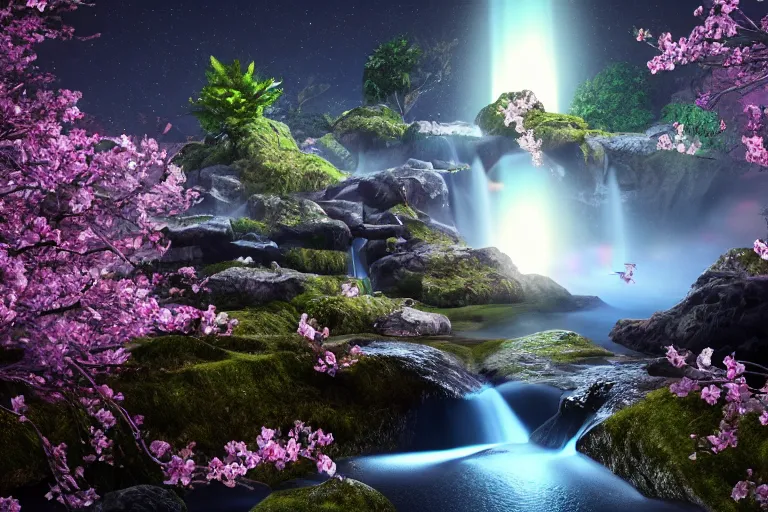 Image similar to Bioluminescent waterfall, cherry-blossom-tree, night-time, moon, fireflies, atmospheric, magical atmosphere, octane render, unreal engine, HD, trending on artStation, artstationHD, artstationHQ, cgsociety, 4k, 8K