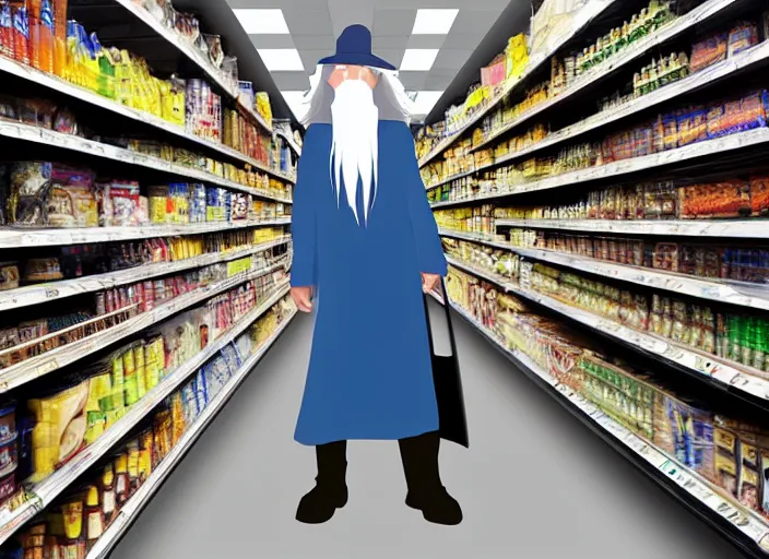 Prompt: digital art of Gandalf wearing wizard hat, stacking supermarket shelves, depressing, sad