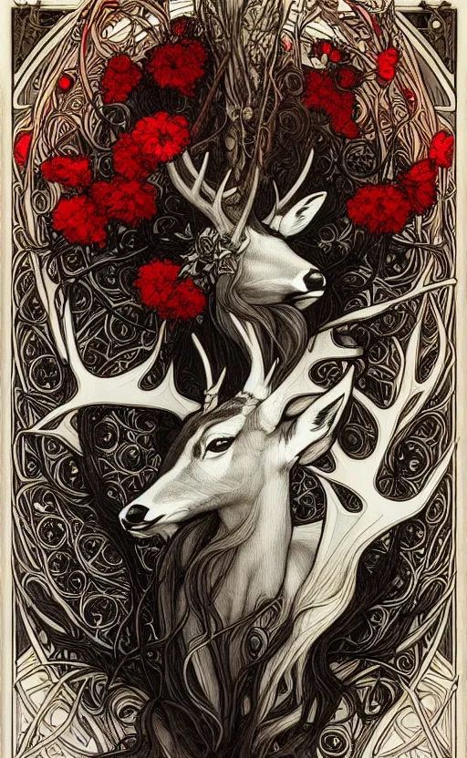 Image similar to black and white deer, with highly detailed with red flowers, long flowing mane and tail, ultra high detail, symmetry, in a hellscape, detail art style of alfons maria mucha, and peter mohrbacher atyles god lighting