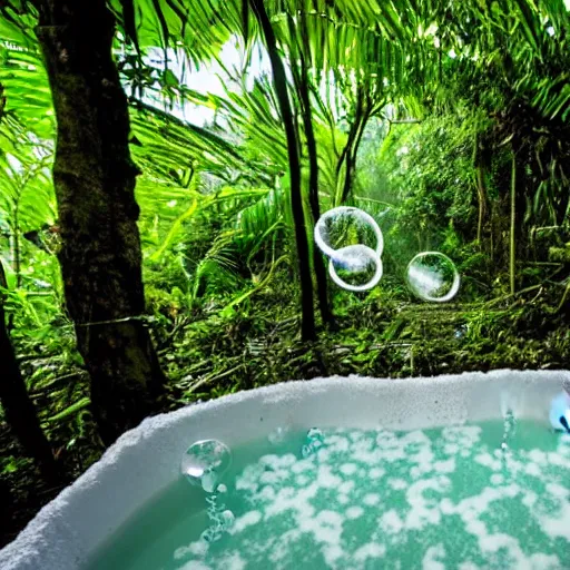 Prompt: pristine bath filled with bubbles in a clearfelled jungle, deforestation, slash and burn