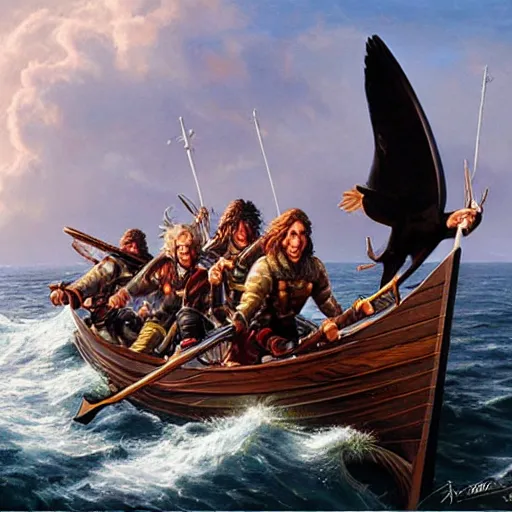 Image similar to a black bird standing at the helm of a wooden rowboat filled with dnd fighters sailing towards a ancient sailboat, painting by artgerm and Jeff Easley