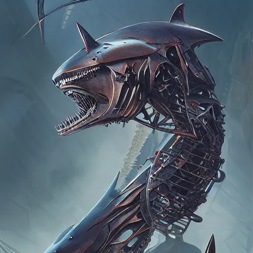 Image similar to a biomechanical shark made of scrap metal, cyberpunk, macro, intricate, elegant, highly detailed, digital painting, artstation, biolusence, concept art, sharp focus, art by artgerm and greg rutkowski and alphonse mucha, 8 k