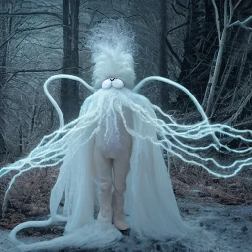 Prompt: an ethereal fluffy ghostly live action muppet wraith like figure with a squid like parasite latched onto its head and four long tentacle arms that flow lazily but gracefully at its sides like a cloak while it floats around a frozen rocky tundra in the snow searching for lost souls and that hides amongst the shadows in the trees, this character has hydrokinesis and electrokinesis is a real muppet by sesame street, photo realistic, real, realistic, felt, stopmotion, photography, sesame street