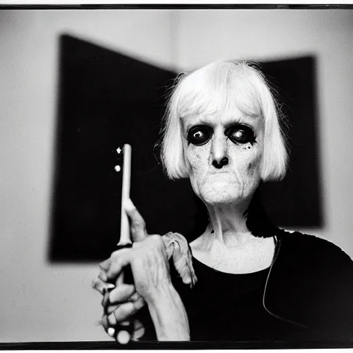 Image similar to portrait of a crazy lynchian character by Diane Arbus, 50mm, black and white photography