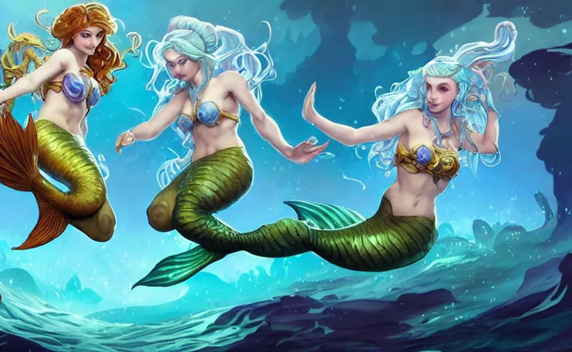 Prompt: two mermaids leaping from water to fistbump, fantasy, whimsical, dungeons and dragons, league of legends splash art, heroes of the storm splash art, hearthstone splash art, world of warcraft splash art, overwatch splash art, art by artgerm, art by alphonse mucha, intricately detailed, highly detailed, trending on artstation,