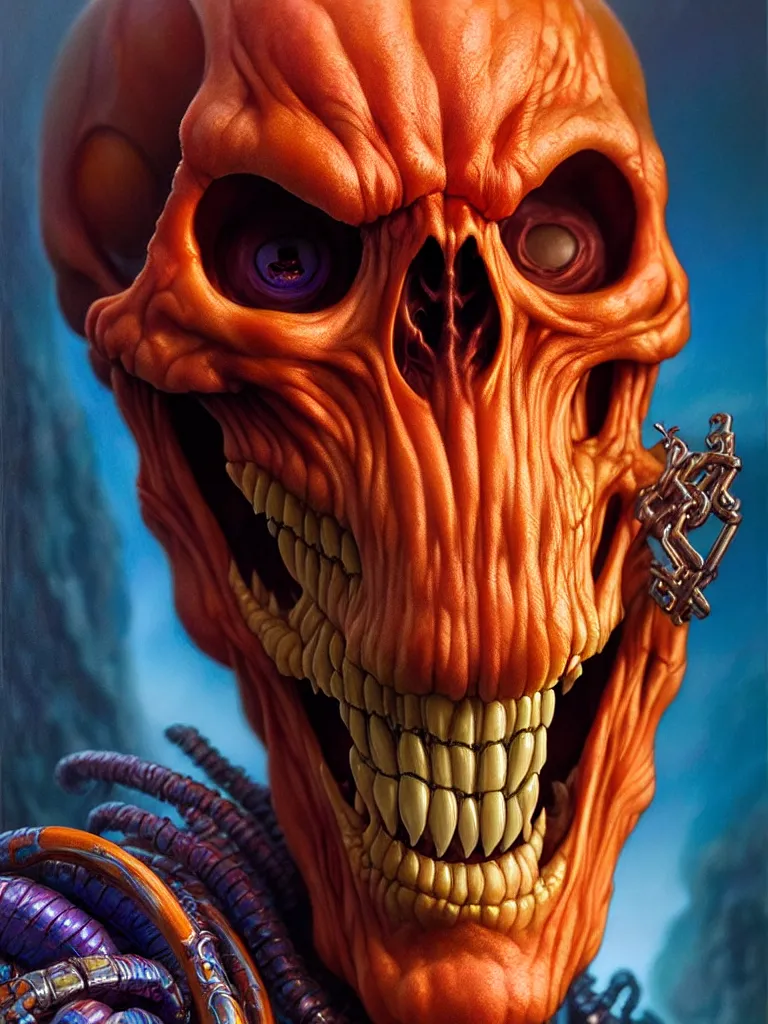 Image similar to hyperrealistic rendering, skeletor face by donato giancola and greg rutkowski and wayne barlow and zdzisław beksinski, product photography, action figure, sofubi, studio lighting, colored gels