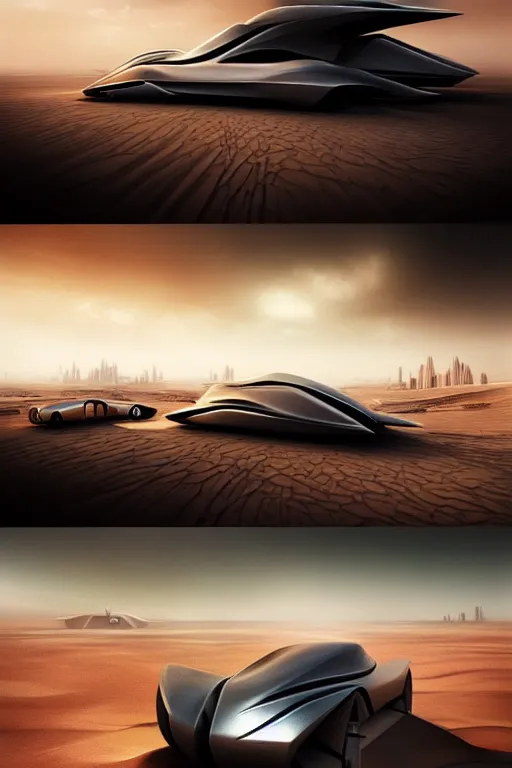 Image similar to zaha hadid buildings in the middle of a mad max desert scene with futuristic car, trending on artstation, cinematic matte painting, stormy weather, dark moody colors, featured on behance