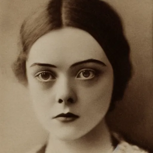 Image similar to headshot edwardian photograph of elle fanning, 1 9 2 0 s film actress, realistic face, 1 9 1 0 s, grainy, victorian, detailed, soft blur