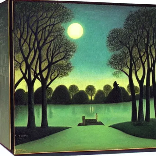 Prompt: central park at night, henri rousseau painting, moon light, teal palette