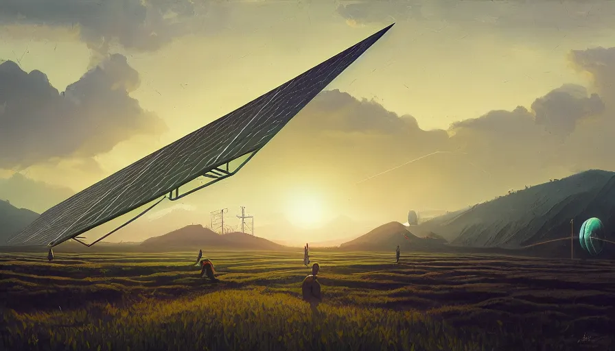 Image similar to giant solar sail blocking the sun, early morning, open field, simon stalenhag, art deco painting