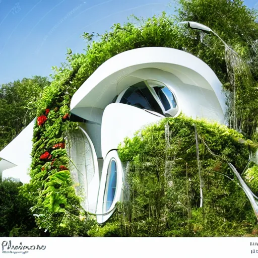 Image similar to futuristic house white covered in plants, hanging vines, motorcycle