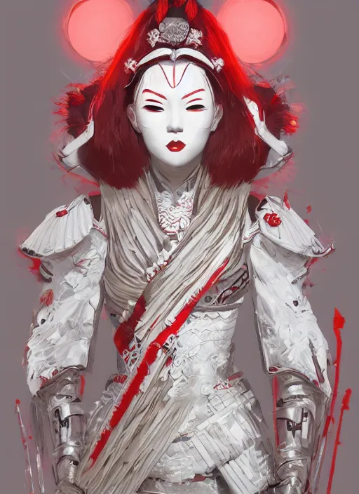 Image similar to albino maiko in a ornated armor war paint, fluent composition, red and white neon, concept art, ambient light, 4 k, intricate details, highly professionally detailed, cgsociety, highly detailed -