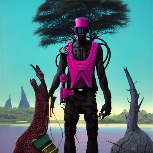 Prompt: a zulu cyberpunk hunter near a pink crocodile infested lake witha a baobab tree by greg rutkowski and android jones in a surreal portrait style, oil on canvas, 8k resolution.