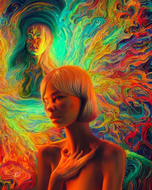 Prompt: portrait ultra dimensional species michelle williams entity, accidentally tripping on dmt and acid, psychedelic experience, overwhelming psychosis of self realization and burning awakening, ultra high definition, unreal engine 5, hyperrealism, masterpiece composition, by casey weldon, barclay shaw 8 k photorealistic