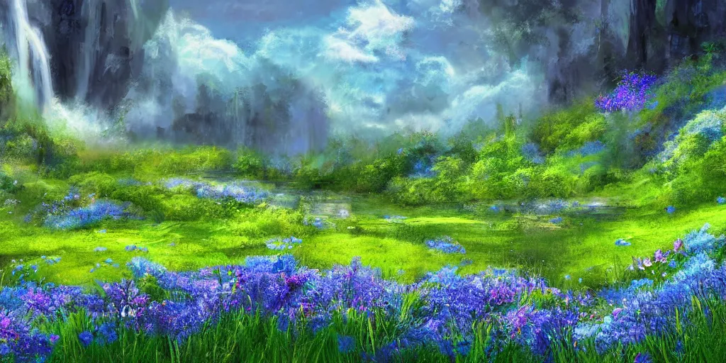 Prompt: a fantasy meadow landscape with waterfall patches of blue flower, digital art