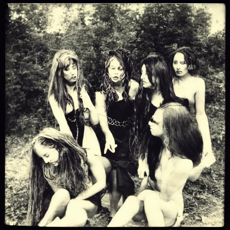 Prompt: three witches summoning a succubus, gritty grainy polaroid, circa 1 9 8 4, technicolor, archival quality image, photograph scanned by
