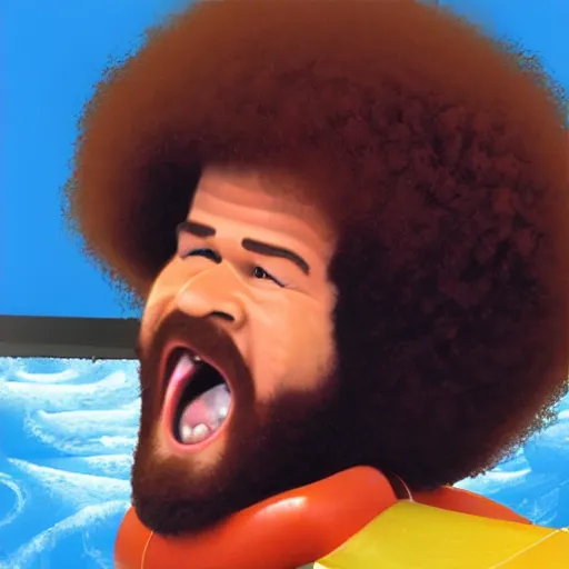 Image similar to bob ross screaming down a giant water slide