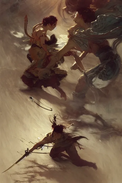 Image similar to An epic fight moment between a demon slayer with female skilled samourai in style of by gaston bussiere, and craig mullins and greg rutkowski and alphonse mucha, awesomenes , concept art world,