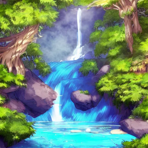 Image similar to waterfall in the wild, with anime character floating over the waterfall, trending on artstation, eiichiro oda style