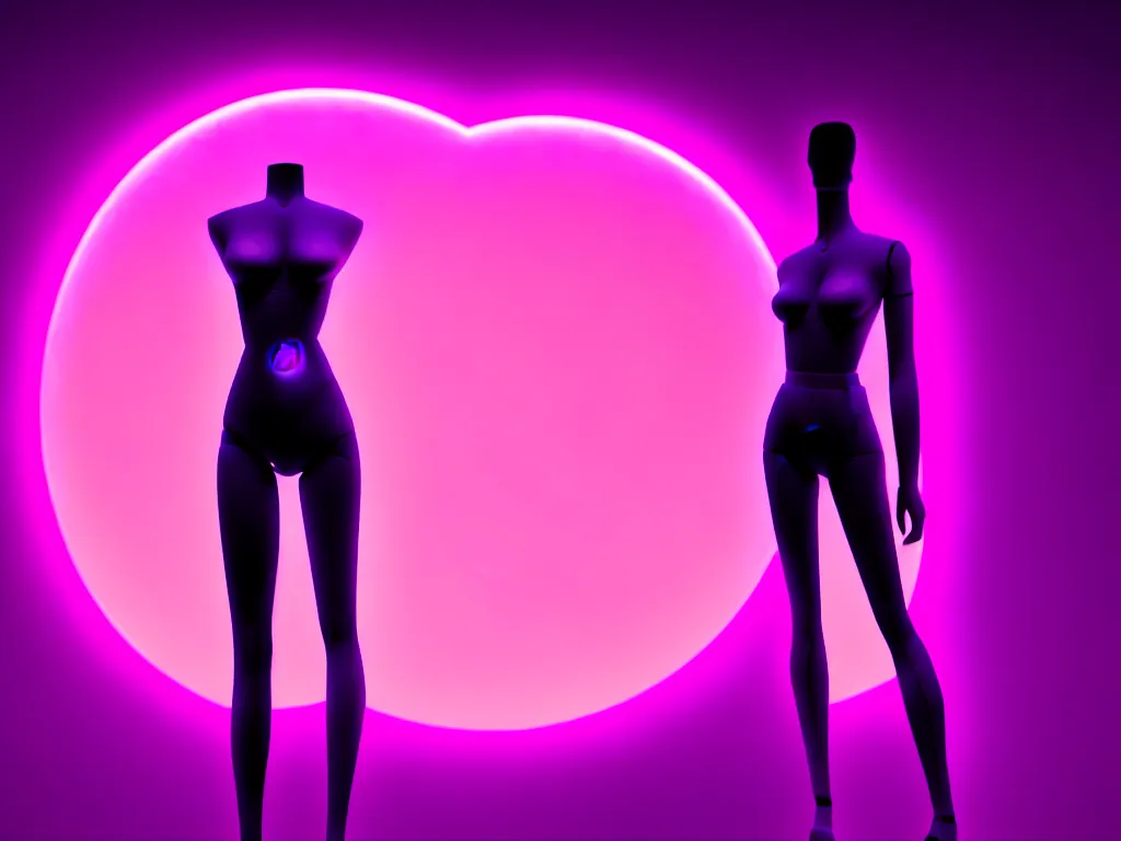 Image similar to beautiful mannequin sculpted out of amethyst by billelis + lit with 3 d geometric neon + facing a doorway opening with neon pink geometric fractal light + city of los angeles + moon in background!, rule of thirds, clean linework, dramatic, award winning, 4 k, trending on artstation, photorealistic, volumetric lighting, octane render