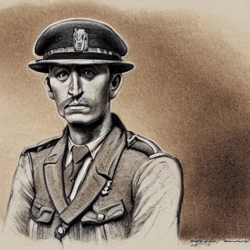 Prompt: a detailed photorealistic sepia - toned color line drawing of a 1 9 1 7 worried clean - shaven british lieutenant in detailed field gear not wearing a hat in wadi rum, ultra realistic, painted, intricate details, symmetrical features, lovecraft, atmospheric, dark, horror, brooding, highly detailed, by clyde caldwell