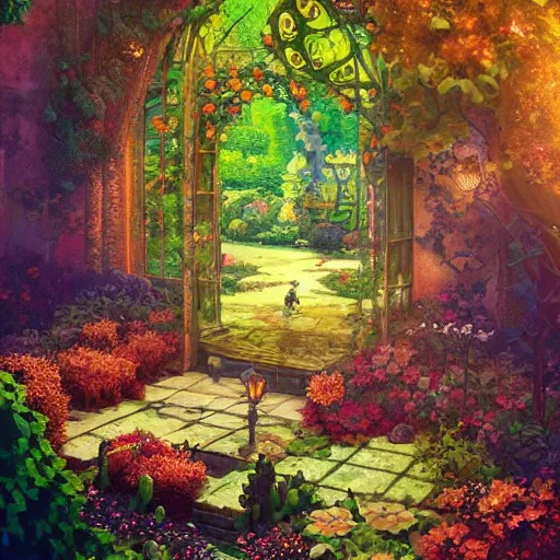 Image similar to dreamlike pixelart garden fantasycore , glossy painting, Art Nouveau Cosmic 4k Detailed Matte Illustration featured on Getty Images ,CGSociety, Jade and Carrot orange color scheme, Pastiche by Marc Simonetti, Pastiche by Cedric Peyravernay