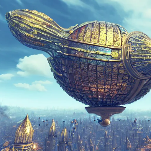 Image similar to enormous flying city in a faberge egg, sky, steampunk, fantasy art, masterpiece, unreal engine