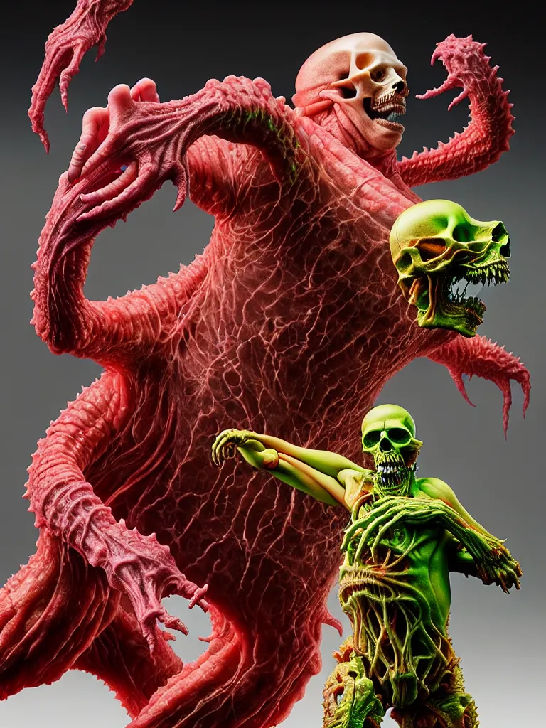 Image similar to hyperrealistic rendering, fat smooth cronenberg flesh monster transparent kaiju with skull and spine by donato giancola and greg rutkowski and wayne barlow and zdzisław beksinski, product photography, action figure, sofubi, studio lighting, colored gels, colored background